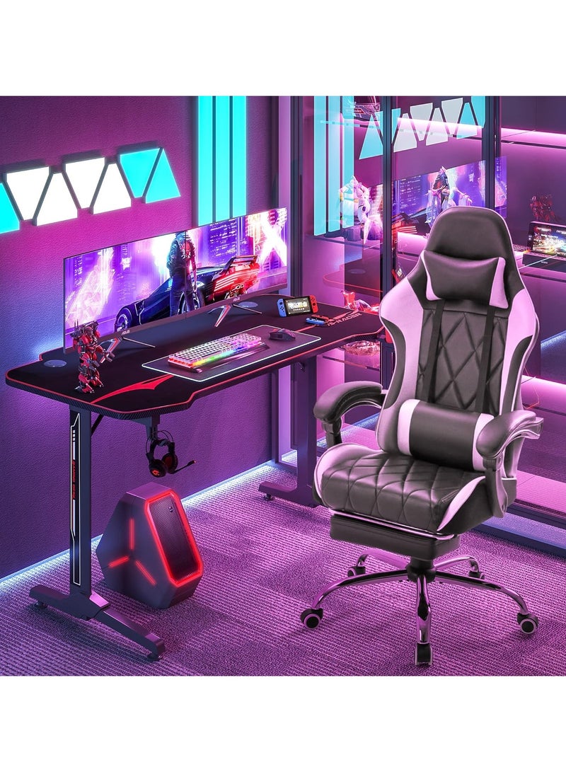 Mahmayi Gaming Office, Computer Chair PC Chair with Massage Lumbar Support, Racing Style Faux Leather High Back Adjustable Swivel Chair with Footrest (Black and White)