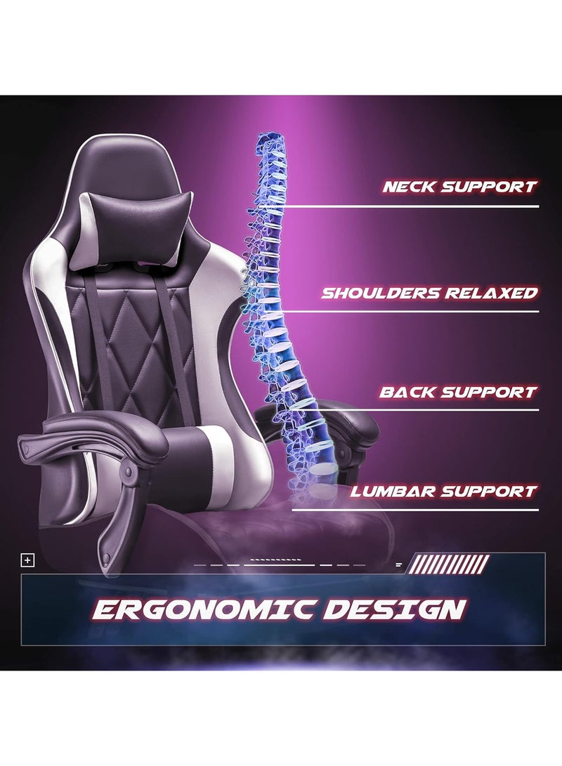 Mahmayi Gaming Office, Computer Chair PC Chair with Massage Lumbar Support, Racing Style Faux Leather High Back Adjustable Swivel Chair with Footrest (Black and White)