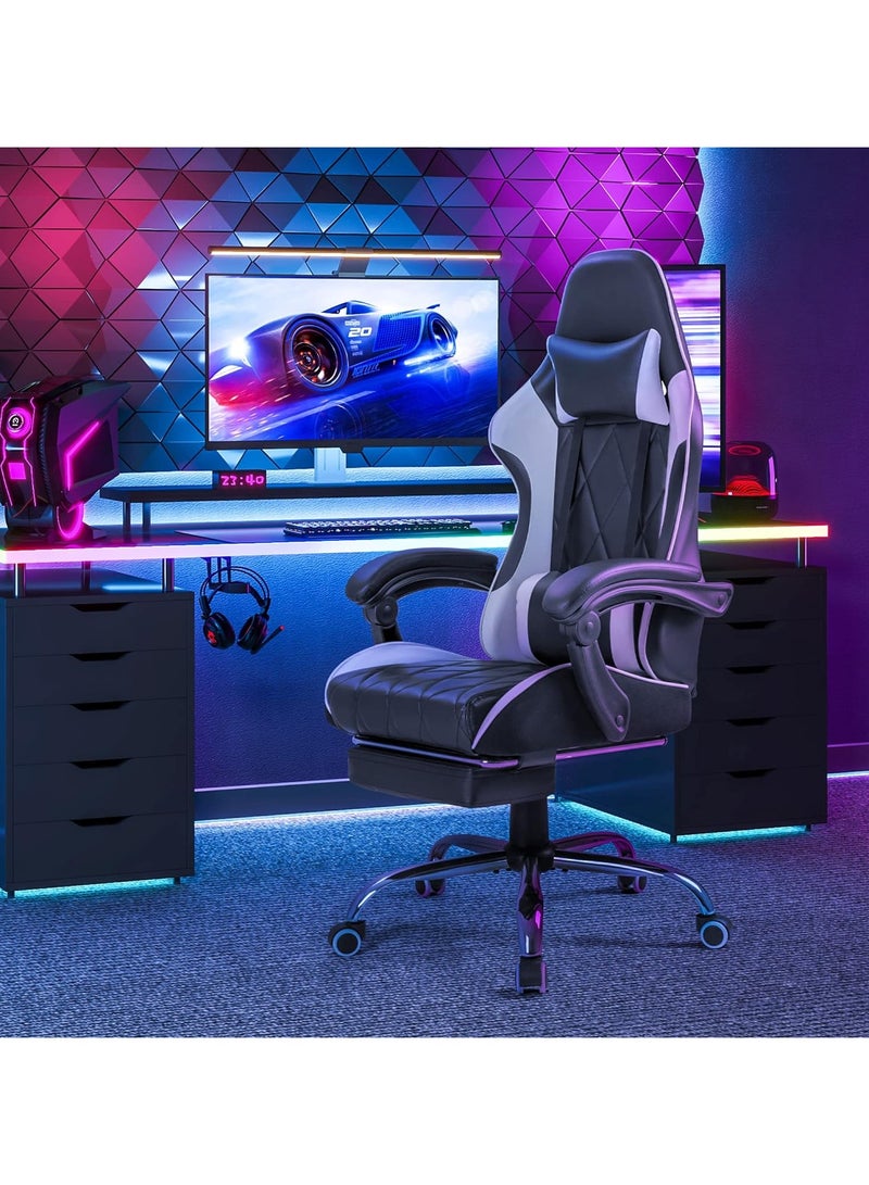 Mahmayi Gaming Office, Computer Chair PC Chair with Massage Lumbar Support, Racing Style Faux Leather High Back Adjustable Swivel Chair with Footrest (Black and White)