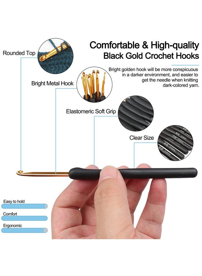 Black Gold Crochet Hooks Needles For Arthritic Hands 2.0 6.0Mm Crochet Hook Set Ergonomic Soft Grips Knitting Hook For Crochet Yarn Craft Aluminum Knitting Crochet Supplies Kit For Knitter