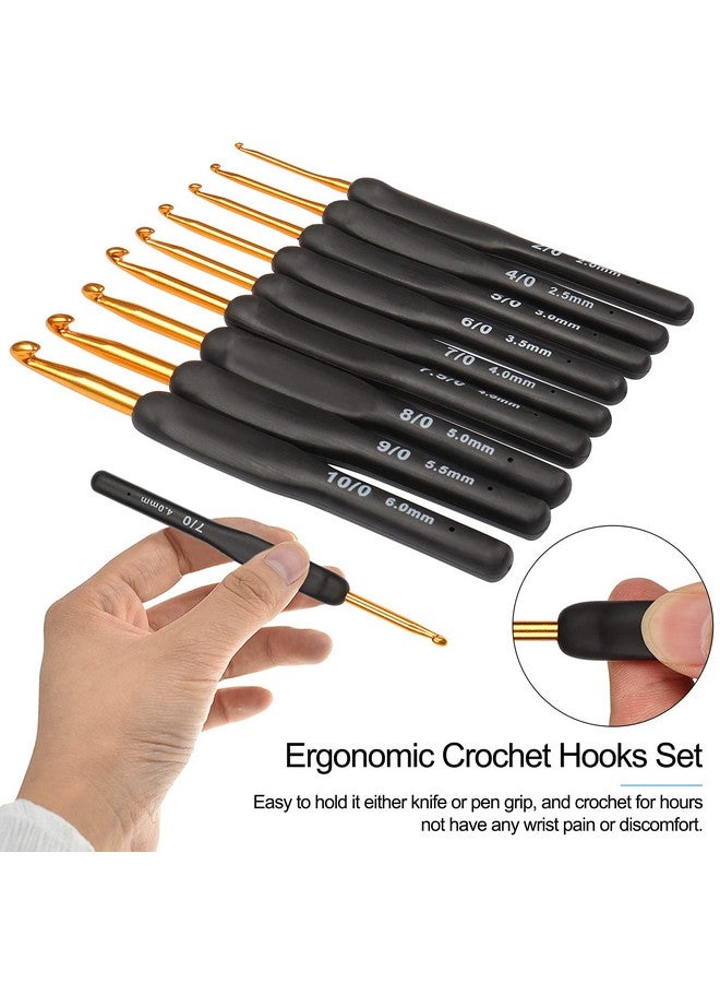 Black Gold Crochet Hooks Needles For Arthritic Hands 2.0 6.0Mm Crochet Hook Set Ergonomic Soft Grips Knitting Hook For Crochet Yarn Craft Aluminum Knitting Crochet Supplies Kit For Knitter