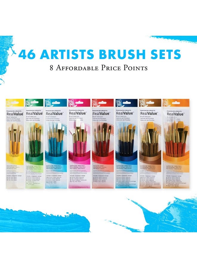 Real Value Series 9100 Paint Brush Sets For Acrylic Oil & Watercolor Painting Syn Gold Taklon (Rnd 1 6 12 Liner 2 Ang Shader 1/2 Wash 3/4)