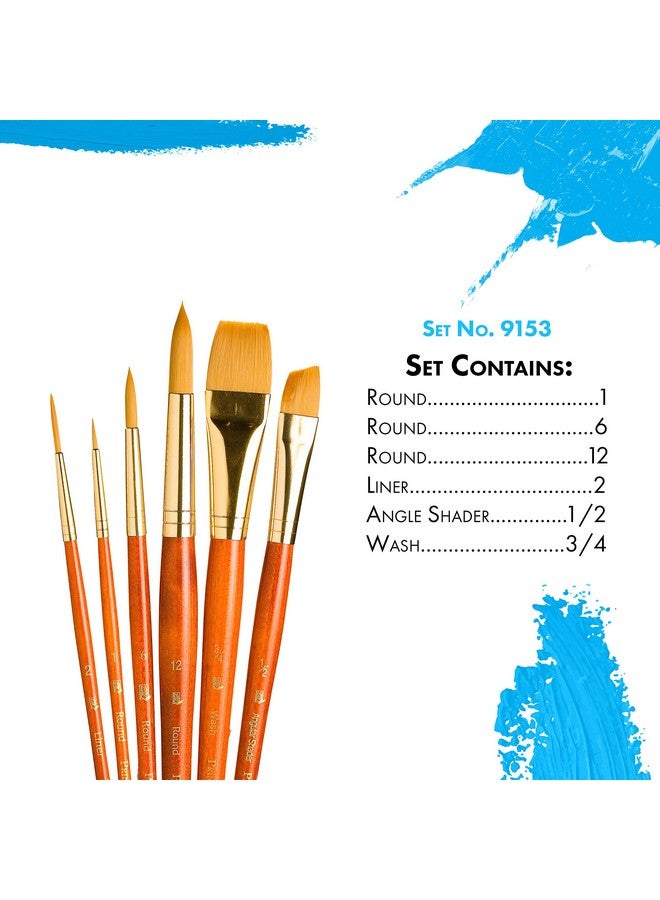 Real Value Series 9100 Paint Brush Sets For Acrylic Oil & Watercolor Painting Syn Gold Taklon (Rnd 1 6 12 Liner 2 Ang Shader 1/2 Wash 3/4)