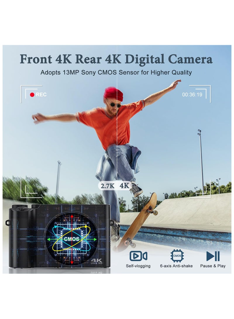 4K Digital Camera, 48MP Rear and Front Camera for Photography and Video Auto Focus Anti-Shake, 3 Inch Selfie Flip Vlog Camera with Super Bright Flash, Camera with Dial 16x Zoom