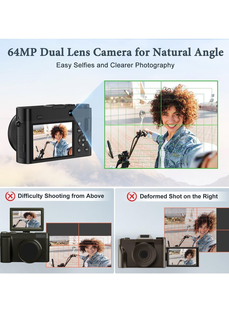 4K Digital Camera, 48MP Rear and Front Camera for Photography and Video Auto Focus Anti-Shake, 3 Inch Selfie Flip Vlog Camera with Super Bright Flash, Camera with Dial 16x Zoom