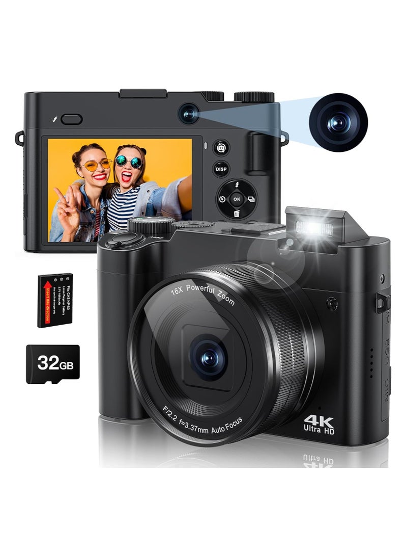 4K Digital Camera, 48MP Rear and Front Camera for Photography and Video Auto Focus Anti-Shake, 3 Inch Selfie Flip Vlog Camera with Super Bright Flash, Camera with Dial 16x Zoom