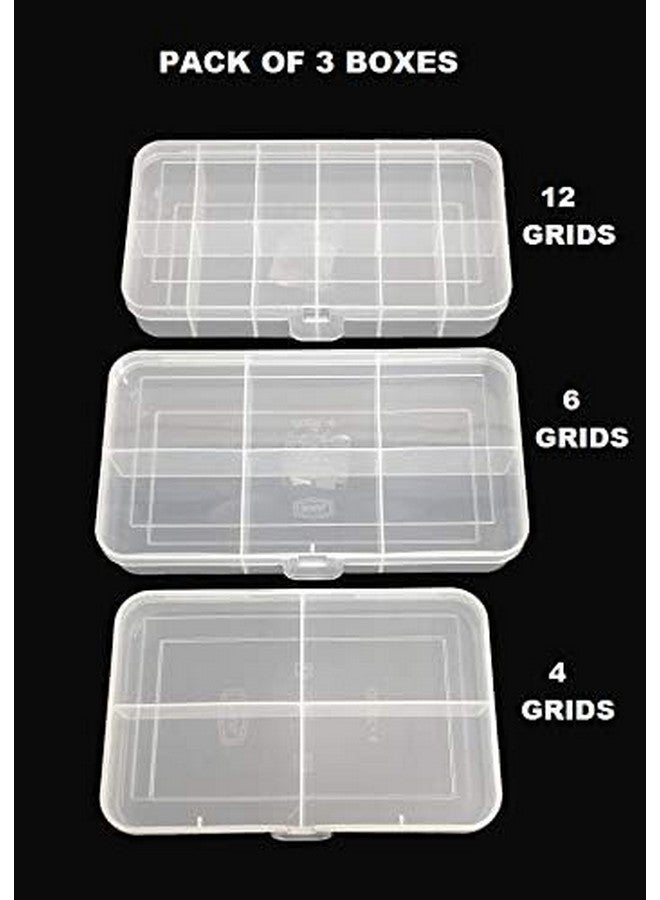 Jewelry Case Organizer Rectangular Plastic Storage Box With Dividers 4/6/12 Grids (Transparent) - Pack Of 3 Boxes