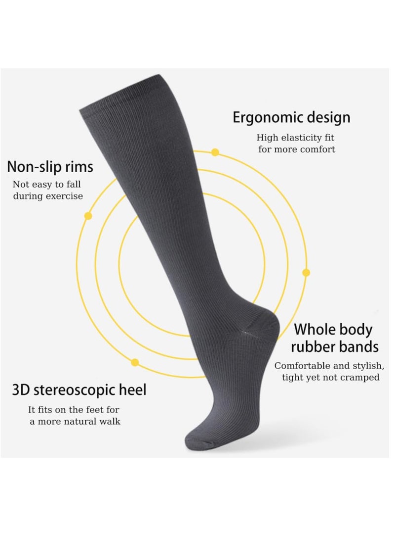 Compression Socks for Women Men, 5 Pairs Knee High Calf Socks, Non-Slip Compression Support Stockings for Sport, Work, Travel, Edema, Diabetic, Blood Circulation, Pregnancy, Nursing, L/XL, Size 39-45