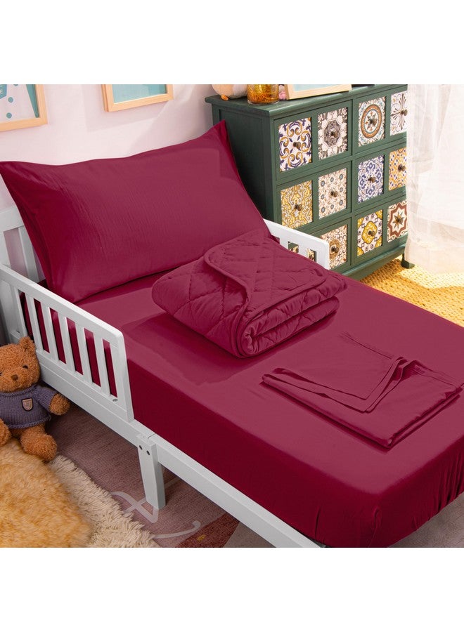 Toddler Bedding Set 4 Piece Soft And Breathable Crib Bedding Set For Boys And Girls Includes Quilted Comforter Fitted Sheet Flat Top Sheet And Envelope Pillowcase Wine Red