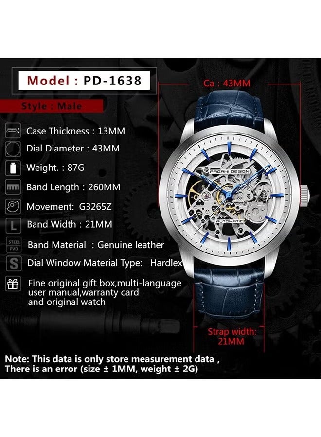 Men's Automatic Mechanical Watches ,Waterproof,Leather Strap 43MM Mechanical Skeleton Sapphire Glass Surface Stainless Steel Case, Fashion Casual Business Watches PD1638