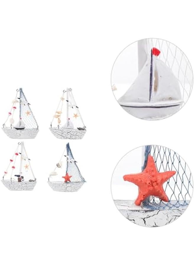 4 Pack Resin Mini Sailboat Model Decoration, Wooden Miniature Sailing Boat Home Decor Set, Beach Nautical Design for Ocean Theme Decoration Country Decor