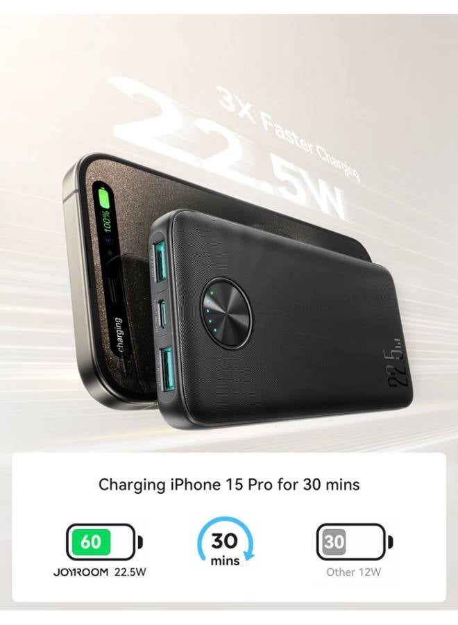 10000 mAh 22.5W External Battery JR-PBF15,  Power Bank with 3 Ports, Fast Charging for iPhone 15 14 13 Pro, Huawei, iPad Pro/Air, Samsung Galaxy and Plus Encore, Black