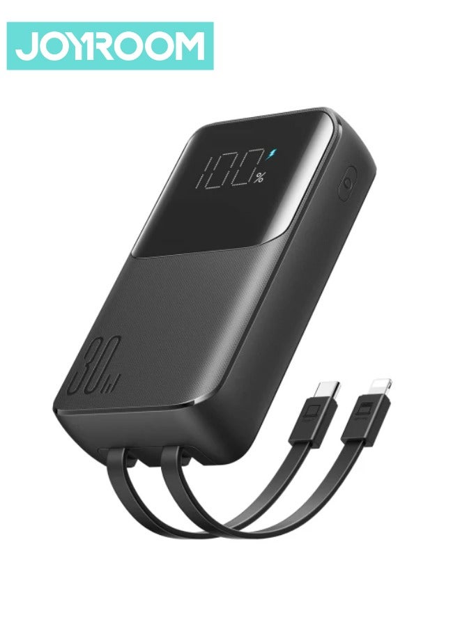 10000 mAh JR-PBC06 30W Mini Power Bank With Built-In USB-C / Lightning Cables Black