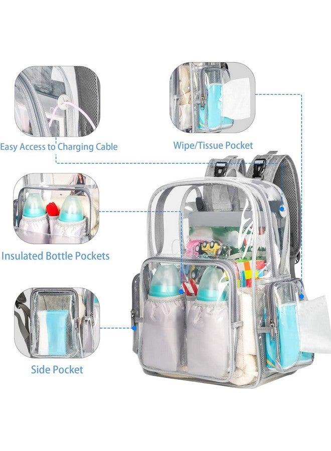 Diaper Bag Backpack Clear Baby Bag Heavy Duty Transparent Backpack For Girls Boys Multifunction Large Travel Backpack Maternity Baby Changing Bags For Mom With Stroller Straps Grey