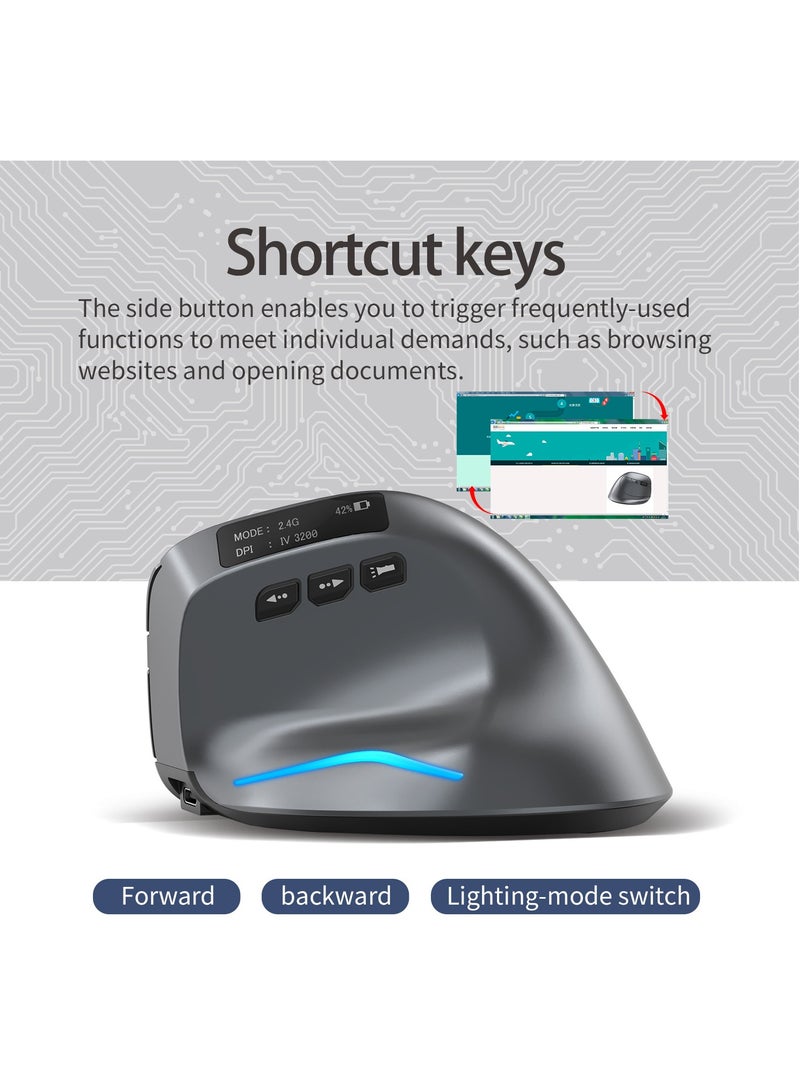 F26C Bluetooth Vertical Mouse, Wireless Ergonomic Mice, with OLED Screen RGB USB Optical, Rechargeable Mouse, for PC Laptop Gaming