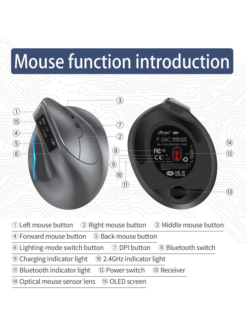 F26C Bluetooth Vertical Mouse, Wireless Ergonomic Mice, with OLED Screen RGB USB Optical, Rechargeable Mouse, for PC Laptop Gaming