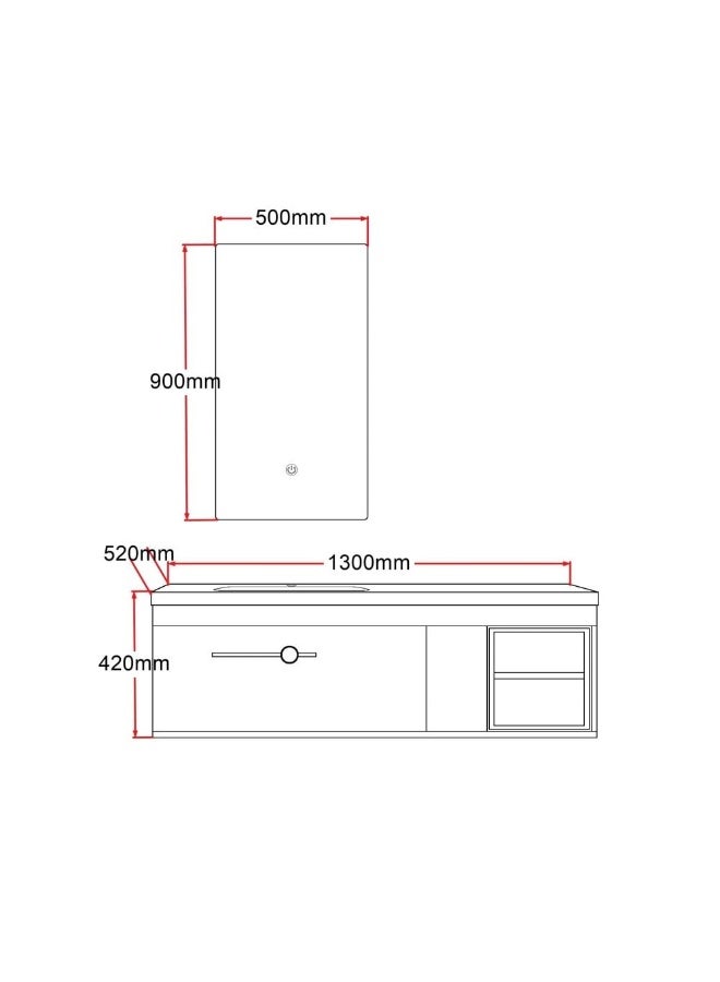 Milano Luxury And Modular Alys Vanity  Led Mirror Touch Switch With  Large Storage Drawer And Ceramic Under Counter Bowl 1300*520*420Mm (2Ctns/Set) - Made In China