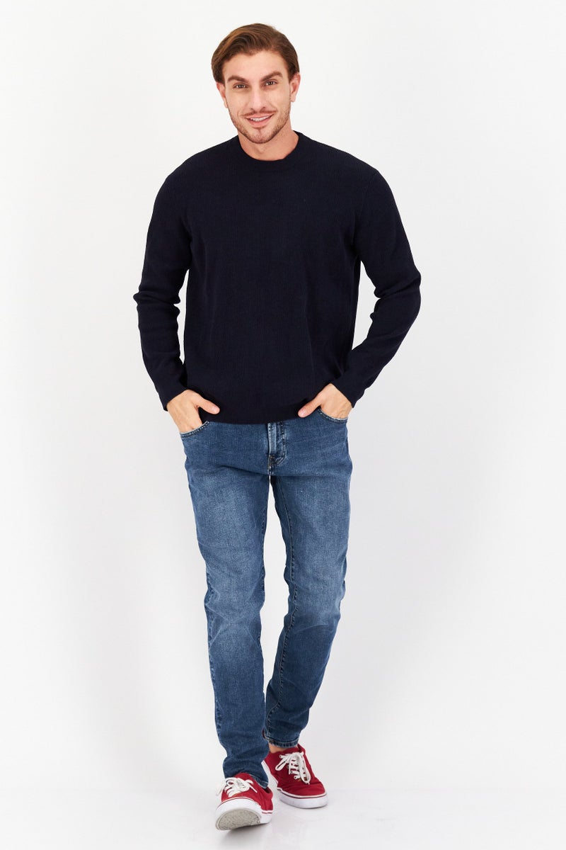 Men Round Neck Textured Sweater, Navy