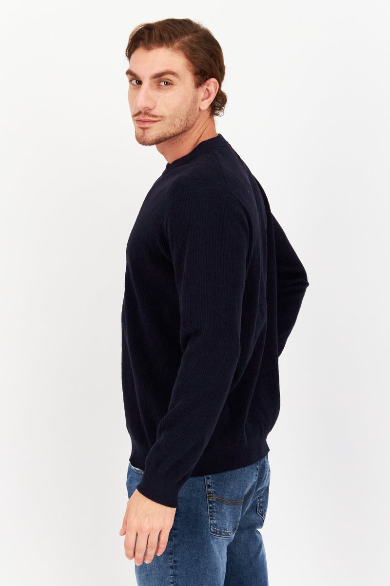 Men Round Neck Textured Sweater, Navy