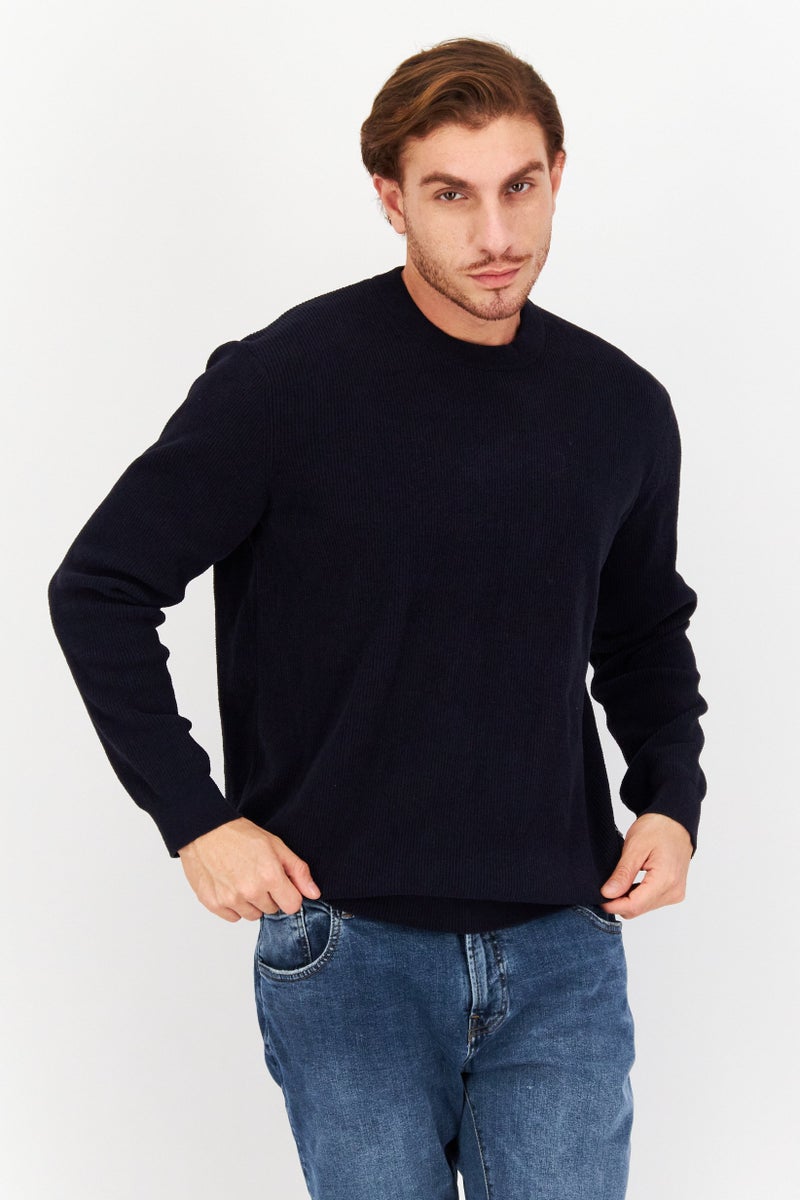 Men Round Neck Textured Sweater, Navy