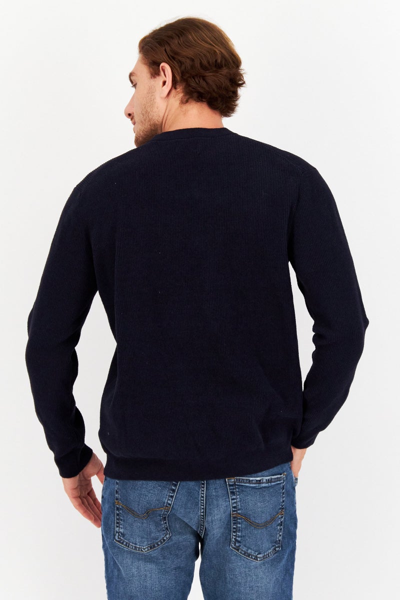 Men Round Neck Textured Sweater, Navy