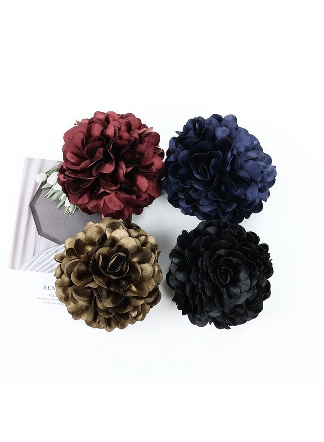 4 Pack Red Navy Blue Black Large Satin Flower Hair Bows Plastic Hair Claws Clips Ribbon Fabric Floral Octopus Jaw Barrettes Clamps Ponytail Buns Holders Thick Hair Accessories For Women Girls