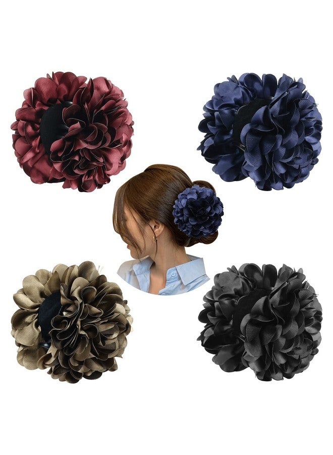 4 Pack Red Navy Blue Black Large Satin Flower Hair Bows Plastic Hair Claws Clips Ribbon Fabric Floral Octopus Jaw Barrettes Clamps Ponytail Buns Holders Thick Hair Accessories For Women Girls