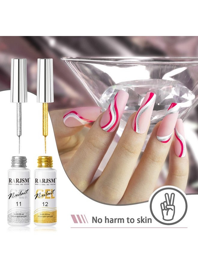 Gel Liner Nail Art Silver Gold Glitter Nail Design Polish Painted Gel Nail Polish Set 2Pcs Soak Off Curing Requires 8Ml Build In Thin Brush For Home Salon Diy Nail Decoration Dotting Painting