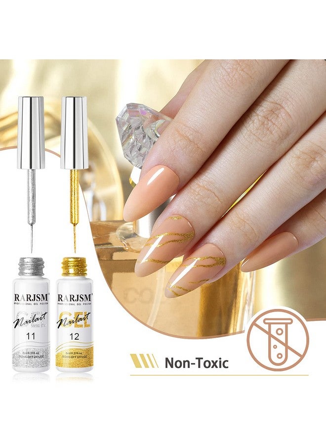 Gel Liner Nail Art Silver Gold Glitter Nail Design Polish Painted Gel Nail Polish Set 2Pcs Soak Off Curing Requires 8Ml Build In Thin Brush For Home Salon Diy Nail Decoration Dotting Painting