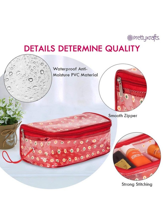 Vanity Box Transparent Multipurpose Makeup Cosmetics Bag Printed Organizer (Set Of 4) Red