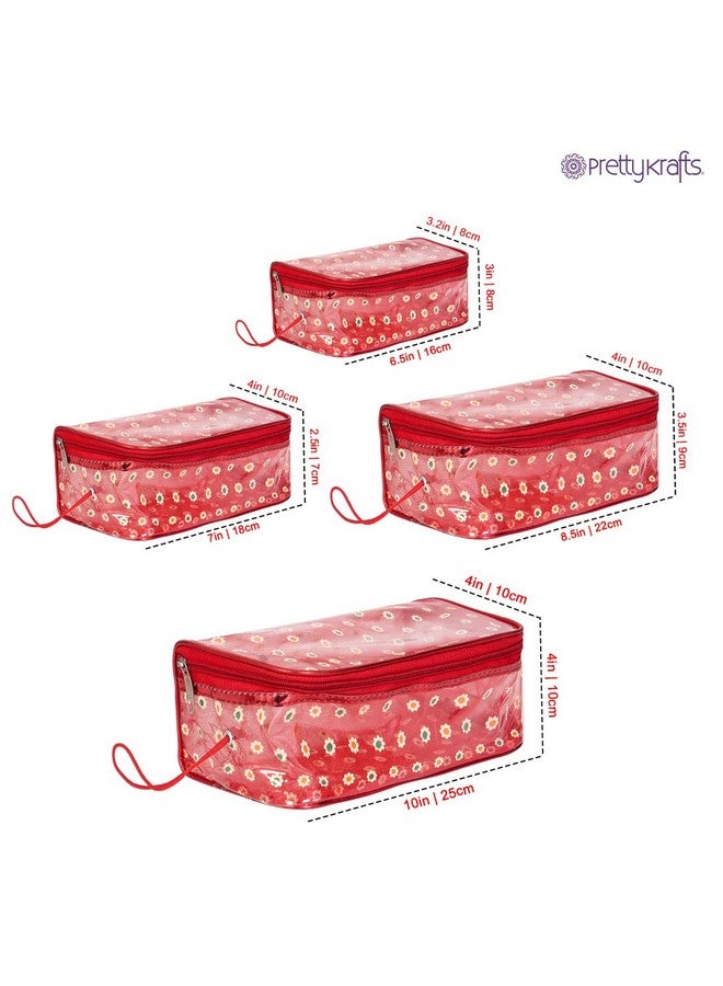 Vanity Box Transparent Multipurpose Makeup Cosmetics Bag Printed Organizer (Set Of 4) Red