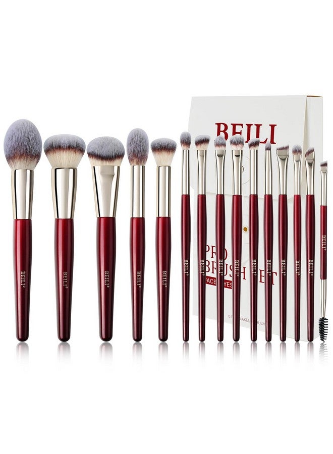 Makeup Brushes 15Pcs Make Up Brushes Set Premium Vegan Foundation Concealers Blush Eyeshadow Eyeliner Powder Highlighter Blending Face Brush Set(Red)