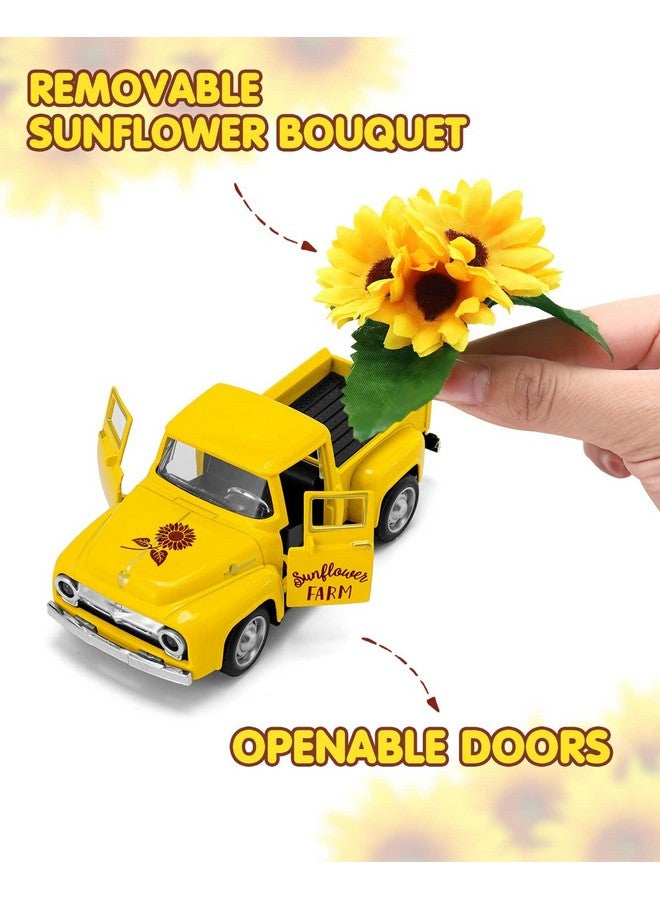 Sunflower Metal Truck With Artificial Plastic Flower Yellow Vintage Farm Pickup Farmhouse Tabletop Tiered Tray Decor Home Kitchen Mantel Shelf Spring Mini Diecast Truck Decorations