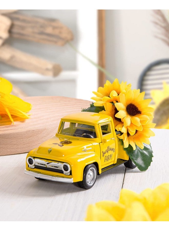 Sunflower Metal Truck With Artificial Plastic Flower Yellow Vintage Farm Pickup Farmhouse Tabletop Tiered Tray Decor Home Kitchen Mantel Shelf Spring Mini Diecast Truck Decorations