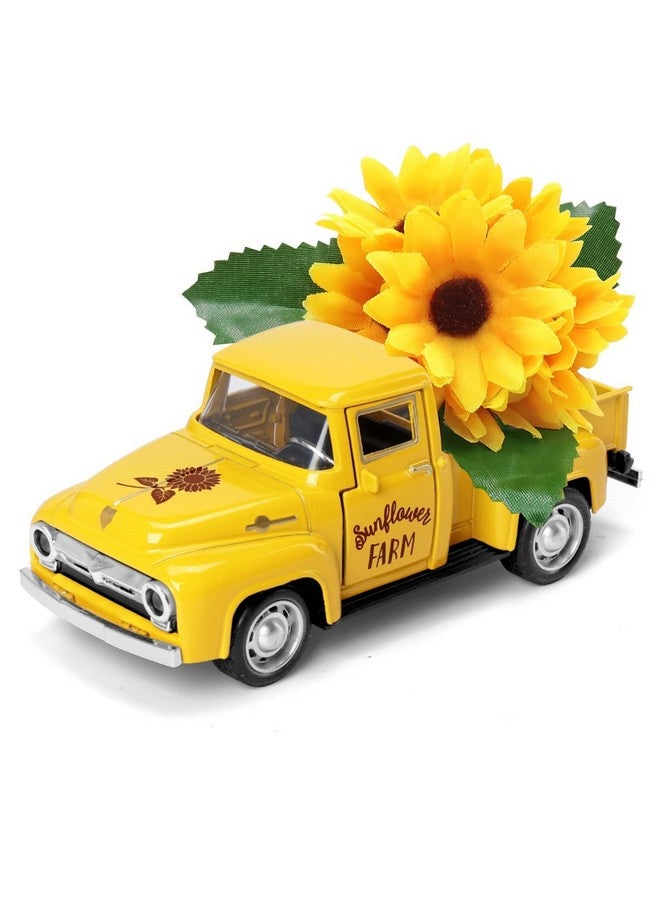 Sunflower Metal Truck With Artificial Plastic Flower Yellow Vintage Farm Pickup Farmhouse Tabletop Tiered Tray Decor Home Kitchen Mantel Shelf Spring Mini Diecast Truck Decorations