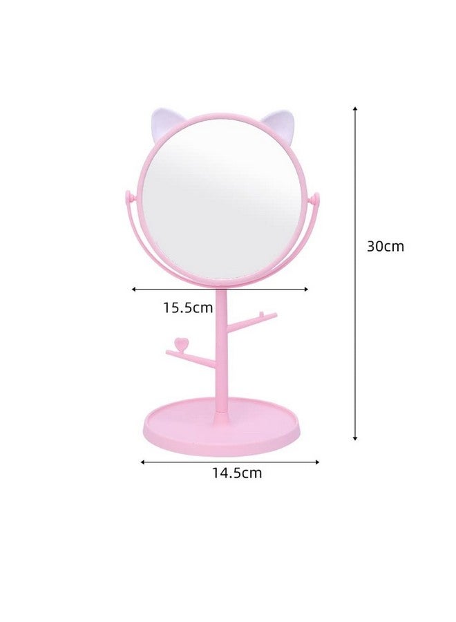 Cute Rotatable Makeup Mirror With Cat Earsshaped Decor Standing Desktop Oneway Mirror With Organizer Beauty Tool (Pink)