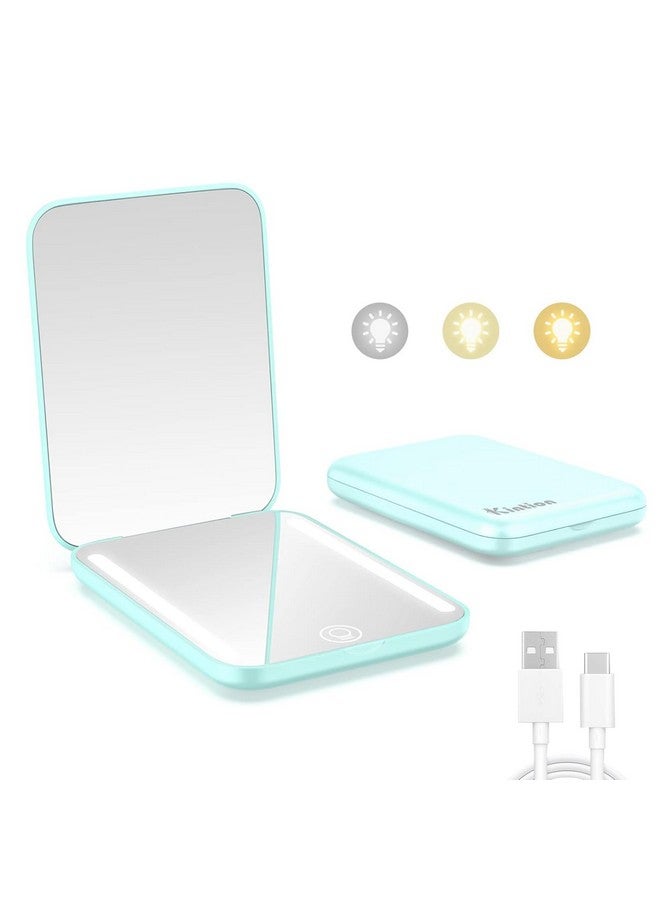 Rechargeable Pocket Mirror, Double Sided 1X/3X Magnification Compact Vanity Mirror, 3 Color Lights, Dimmable, Small Portable Wallet Mirror, Lighted Travel Mirror For Women Gifts, Cyan