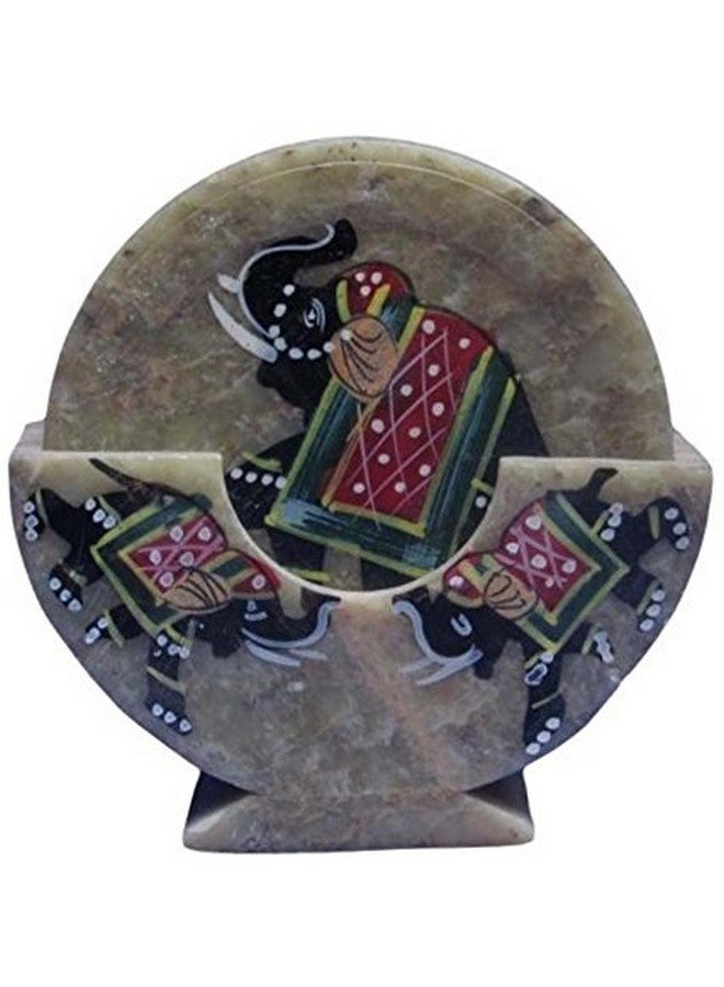 Stone Coaster Set With Folk Artist Painting; Unique Indian Gift Memorabilia Souvenir (10594)