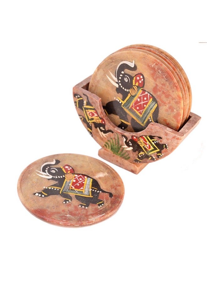 Stone Coaster Set With Folk Artist Painting; Unique Indian Gift Memorabilia Souvenir (10594)