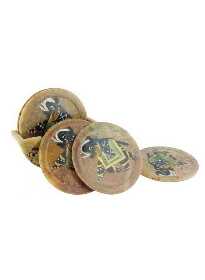 Stone Coaster Set With Folk Artist Painting; Unique Indian Gift Memorabilia Souvenir (10594)