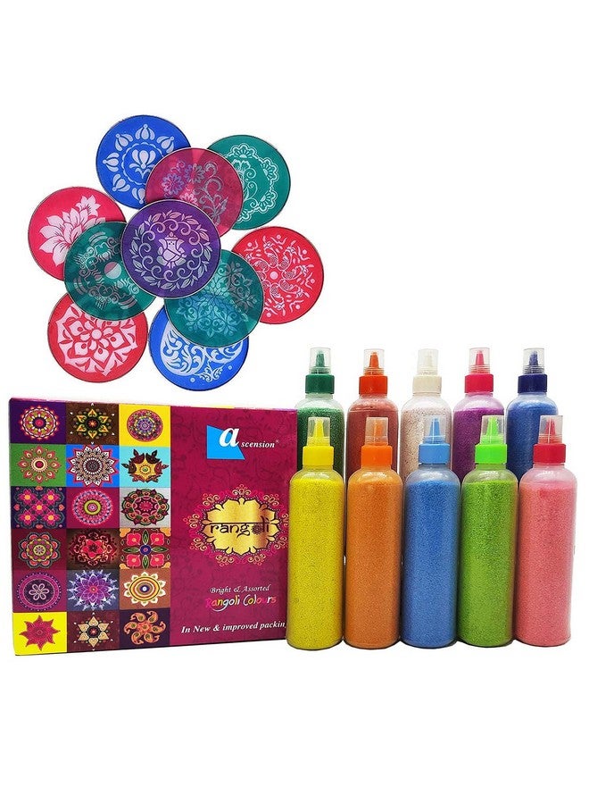 Rangoli Kit Creativity Diwali Floor Decoration 7.5Inches 10 Rangoli Stencil Art Diwali 10 Rangoli Powder Bottles 80G Each For Navratri Pongal Pooja