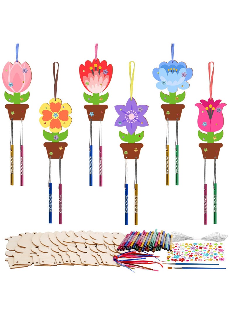 DIY Flower Wind Chime Craft Set for Kids, 12 Pack Wooden Art Kit for Spring and Summer Activities, Perfect for Birthday Decorations and Creative Fun