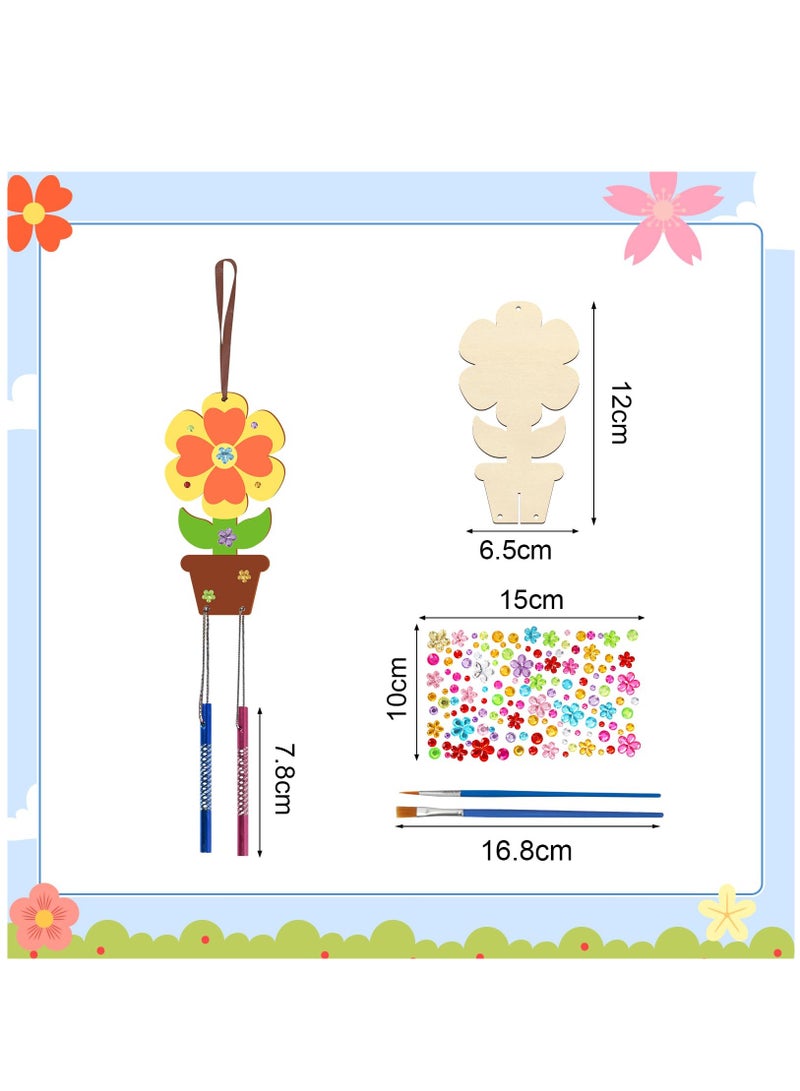 DIY Flower Wind Chime Craft Set for Kids, 12 Pack Wooden Art Kit for Spring and Summer Activities, Perfect for Birthday Decorations and Creative Fun