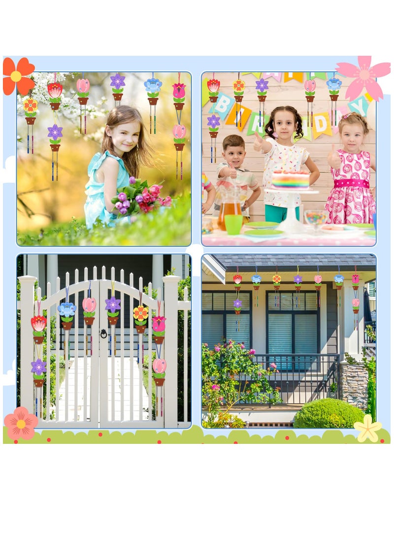 DIY Flower Wind Chime Craft Set for Kids, 12 Pack Wooden Art Kit for Spring and Summer Activities, Perfect for Birthday Decorations and Creative Fun