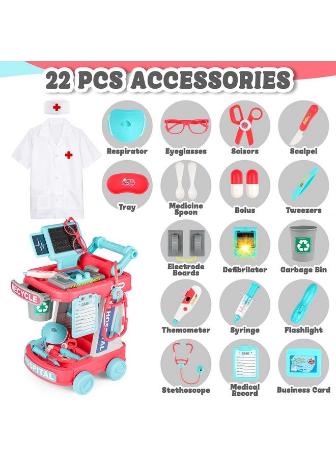 Toy Doctor Kit For Kids Ages 3+, Pretend Play Medical Station Set, Toddlers Doctor Role Play Costume Dress Up Playset With Mobile Cart, Stethoscope And Thermometer, Medical Kit (Pink)