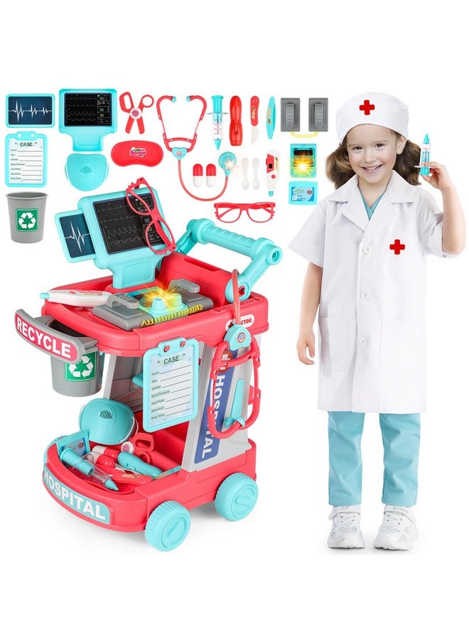 Toy Doctor Kit For Kids Ages 3+, Pretend Play Medical Station Set, Toddlers Doctor Role Play Costume Dress Up Playset With Mobile Cart, Stethoscope And Thermometer, Medical Kit (Pink)