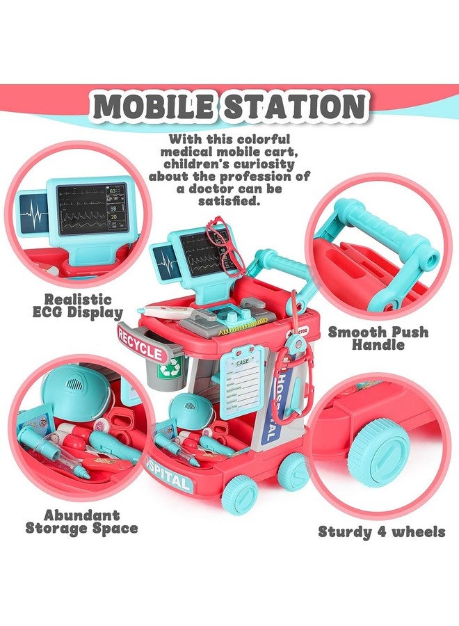 Toy Doctor Kit For Kids Ages 3+, Pretend Play Medical Station Set, Toddlers Doctor Role Play Costume Dress Up Playset With Mobile Cart, Stethoscope And Thermometer, Medical Kit (Pink)