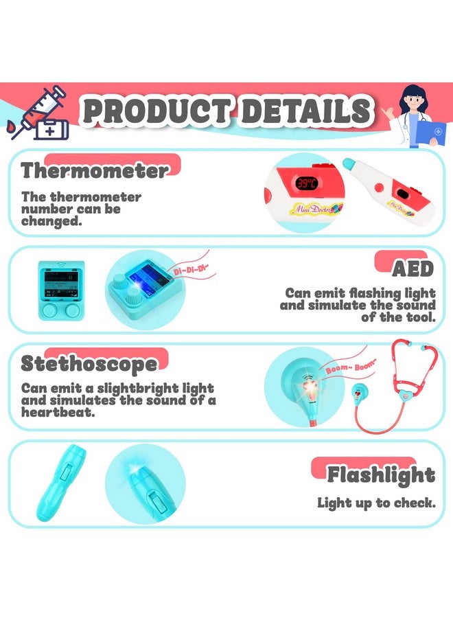 Toy Doctor Kit For Kids Ages 3+, Pretend Play Medical Station Set, Toddlers Doctor Role Play Costume Dress Up Playset With Mobile Cart, Stethoscope And Thermometer, Medical Kit (Pink)