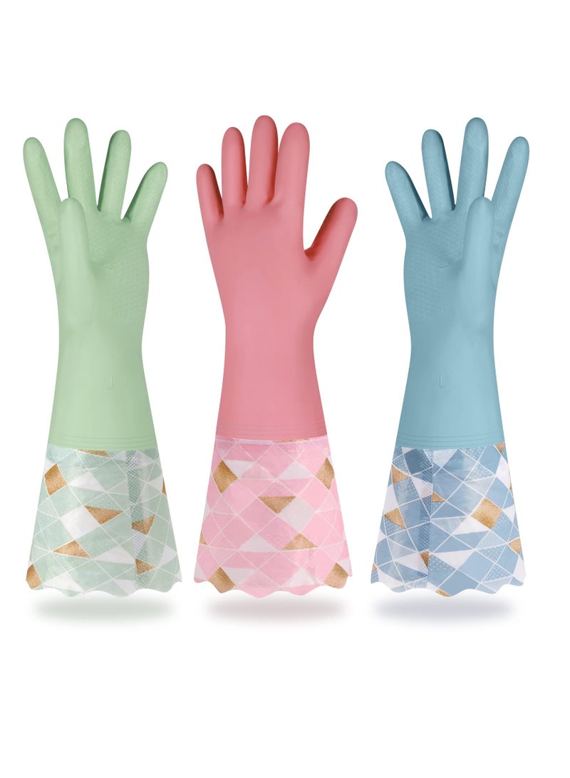 3 Pairs Cleaning Gloves for Winter Plus Velvet Reusable Household Kitchen Dishwashing Glove Latex Free Non Slip Waterproof Long Sleeves Keep Warm From Cold for Kitchen Cleaning Pet Care and more