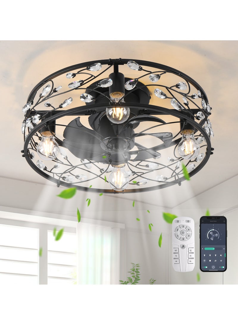 20 inch Caged Ceiling Fans with Lights and Remote,Crystal Chandelier Fan Light, Bladeless Black Fandelier Ceiling Fan Fixtures for Bedroom Kitchen Farmhouse（6 Speed, Timing）